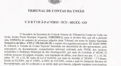 Ex-prefeito de São Domingos apresenta certidão do TCU que comprova regulares suas contas