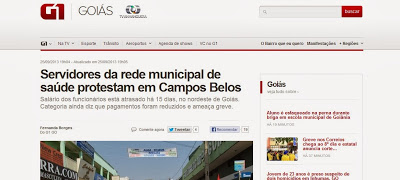 Portal G1, da Globo, dá destaque às manifestações de servidores em Campos Belos