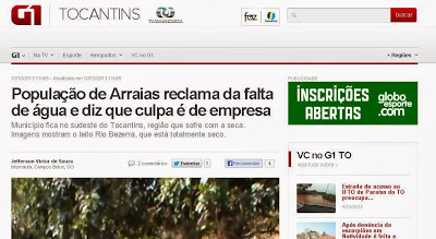 Portal G1: população de Arraias reclama da falta de água e diz que culpa é de empresa