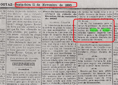 História: Diário Oficial de 1890 transcreve nomeação para escola de Campos Belos. O então distrito de Almas pertencia ao município de Arraias