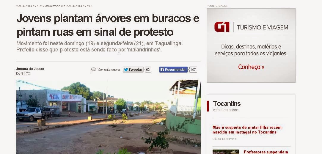 Portal G1 repercute notícia deste Blog: Jovens plantam árvores em buracos e pintam ruas em sinal de protesto