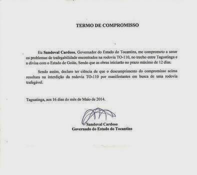 Obras da TO-110 começam em 12 dias, a partir de Novo Alegre (TO). Manifestantes conseguiram compromisso assinado pelo governador