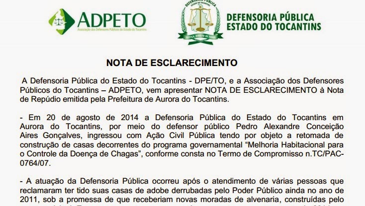 Defensoria Pública lança nota repudiando prefeitura de Aurora do Tocantins