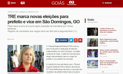 Novas eleições em São Domingos (GO) é matéria do Portal da Globo G1