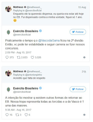 Twitter: Exército brinca com o Vasco e irrita torcedores. Um ano na segundona