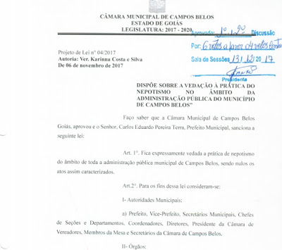 Avanço: Câmara de Vereadores de Campos Belos (GO) aprova Projeto de Lei, que acaba com o nepotismo no município