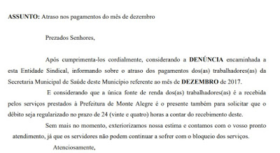Servidores da Saúde de Monte Alegre podem entrar em Greve