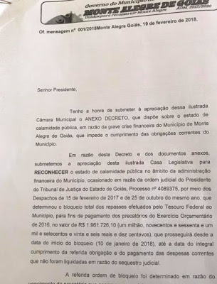 Prefeitura de Monte Alegre de Goiás decreta calamidade pública na administração financeira no município