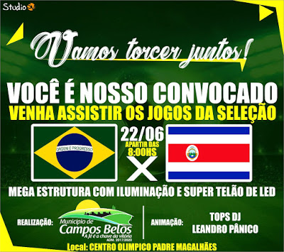 Sexta-feira (22): Telão no Centro Olímpico de Campos Belos vai transmitir jogo do Brasil na Copa