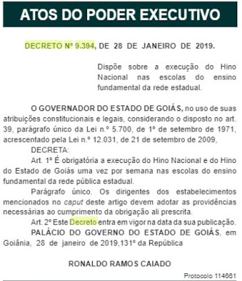 Governador determina a execução do Hino Nacional e do Hino de Goiás nas escolas estaduais