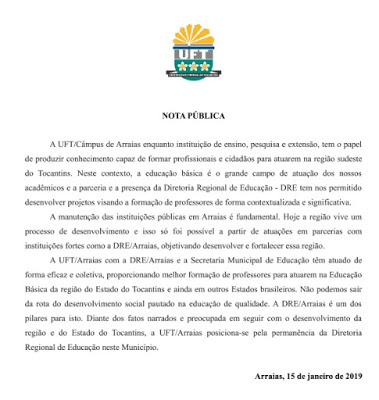 Câmpus de Arraias emite Nota Pública pela manutenção da DRE no município