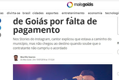 Site “Mais Goiás”, um dos mais lidos do estado, repercute cancelamento de show de Xandi Aviões em Campos Belos (GO)