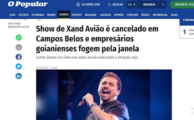 Deu em “O Popular”: Show de Xand Avião é cancelado em Campos Belos e empresários goianienses fogem pela janela