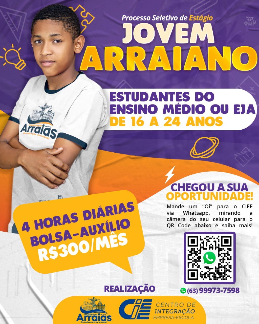 Prefeitura de Arraias (TO), em parceria com o CIEE, abre vagas de estágio para o programa Jovem Arraiano; Ajuda de R$ 300