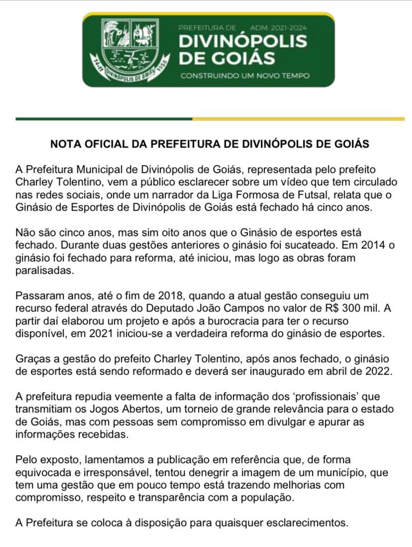 Nota da Prefeitura de Divinópolis de Goiás sobre o Ginásio