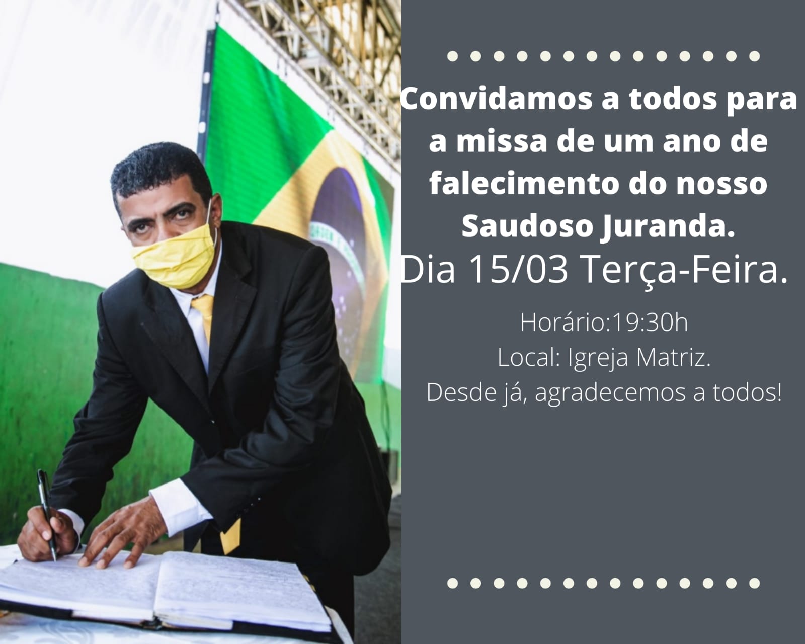 Um ano de luto: missa em homenagem ao vice-prefeito Juranda Santos ocorre nesta terça-feira