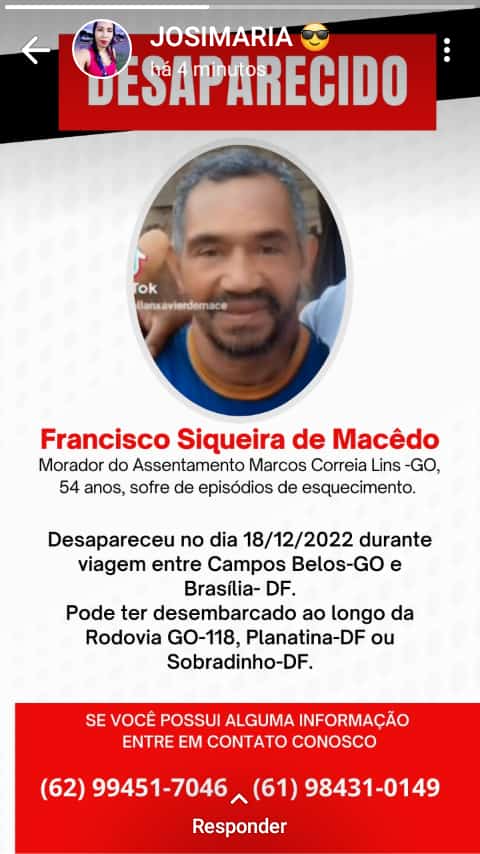 Passados quatros dias, Francisco Siqueira continua desaparecido; viajava entre Campos Belos (GO) e Brasília