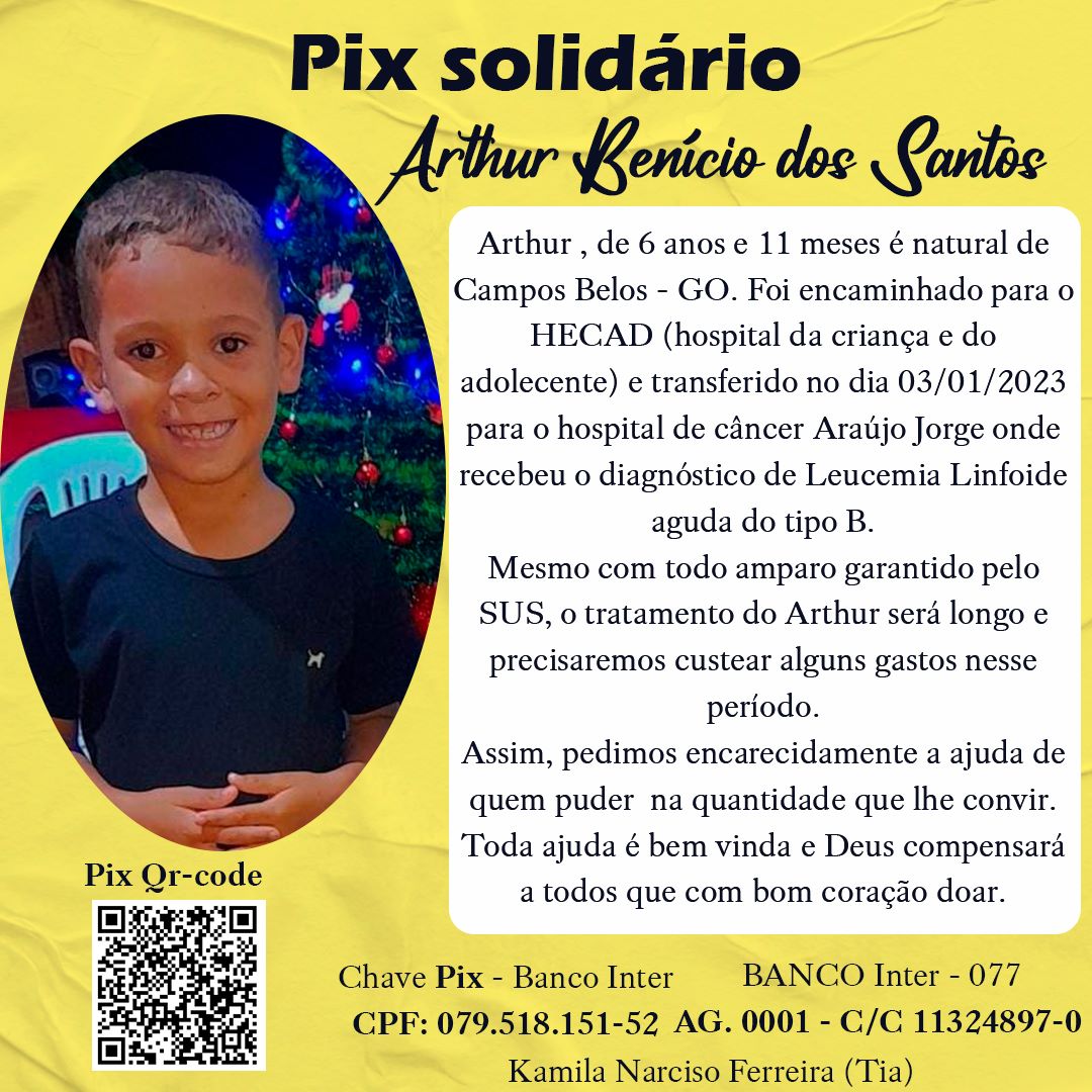 Pequeno Arthur Benício de Campos Belos (GO) foi diagnosticado com câncer e precisa de apoio para sobreviver