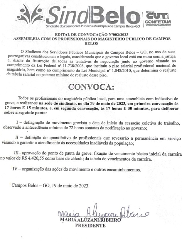 SindBelo publica Edital com indicativo de greve de professores de Campos Belos (GO)