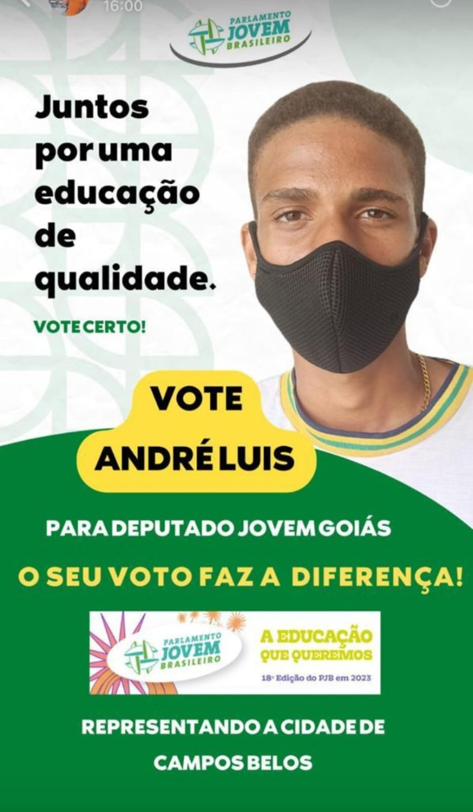 De Campos Belos (GO), jovem André Luiz Santos Sousa busca apoio na final do Parlamento Jovem Brasileiro