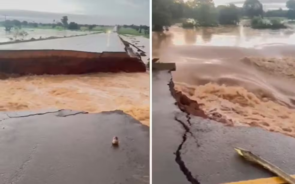 Quatro pessoas da mesma família morrem após rio transbordar, destruir rodovia e arrastar carro em Iaciara (GO)
