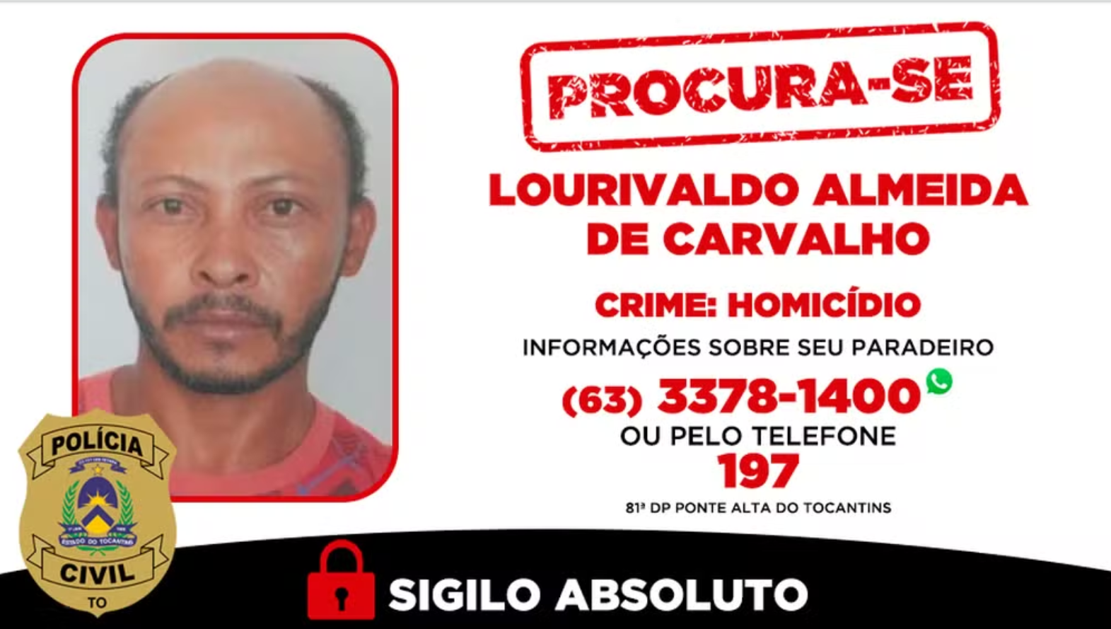 Polícia Civil procura por suspeito de execução em Ponte Alta do Tocantins